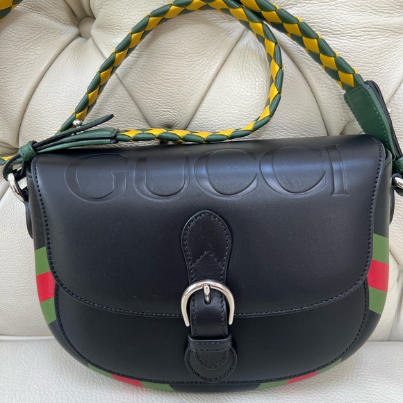 New Gucci Crossbody Embossed Black Leather Braided Yellow Bag Logo - Picture 5 of 11